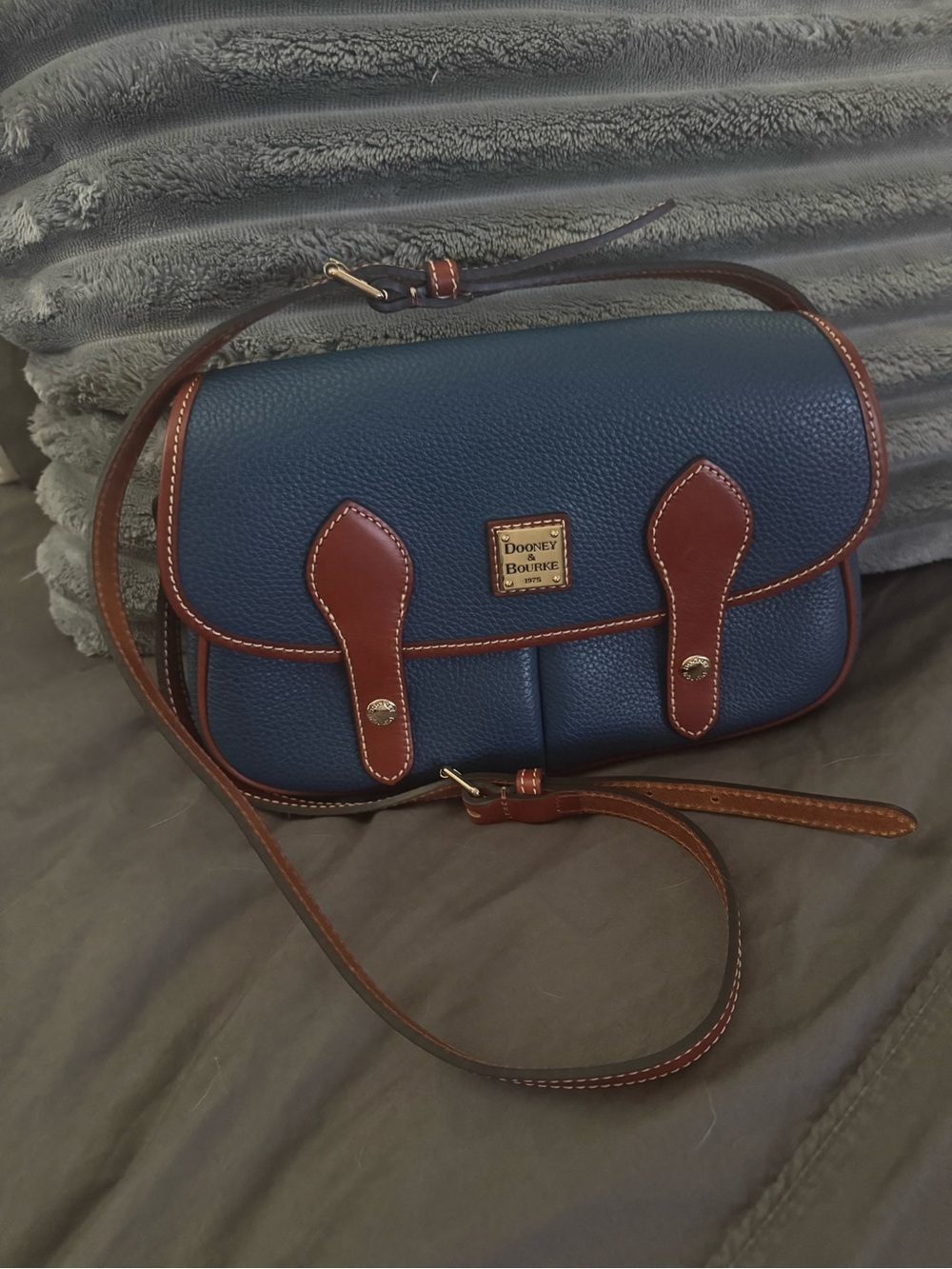 Dooney & Bourke Navy Blue Leather Crossbody with Brown Trim
